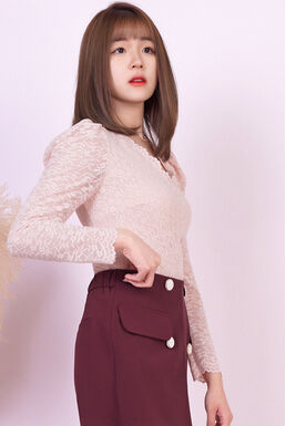 Fine V Neck Long Sleeve Lace Overlay Top (Red Bean)